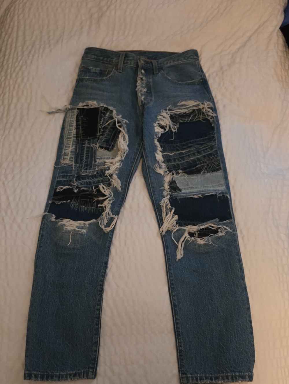 Levi's Distressed Blue Patchwork Ankle Jeans